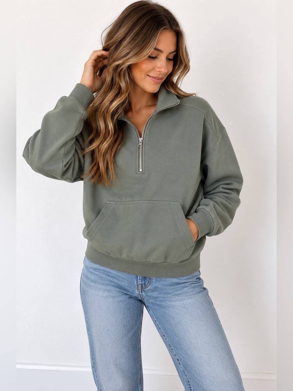 🌿✨ rag & bone Sage Green Quarter-Zip Pullover Sweatshirt XS | MSRP $238 🤍